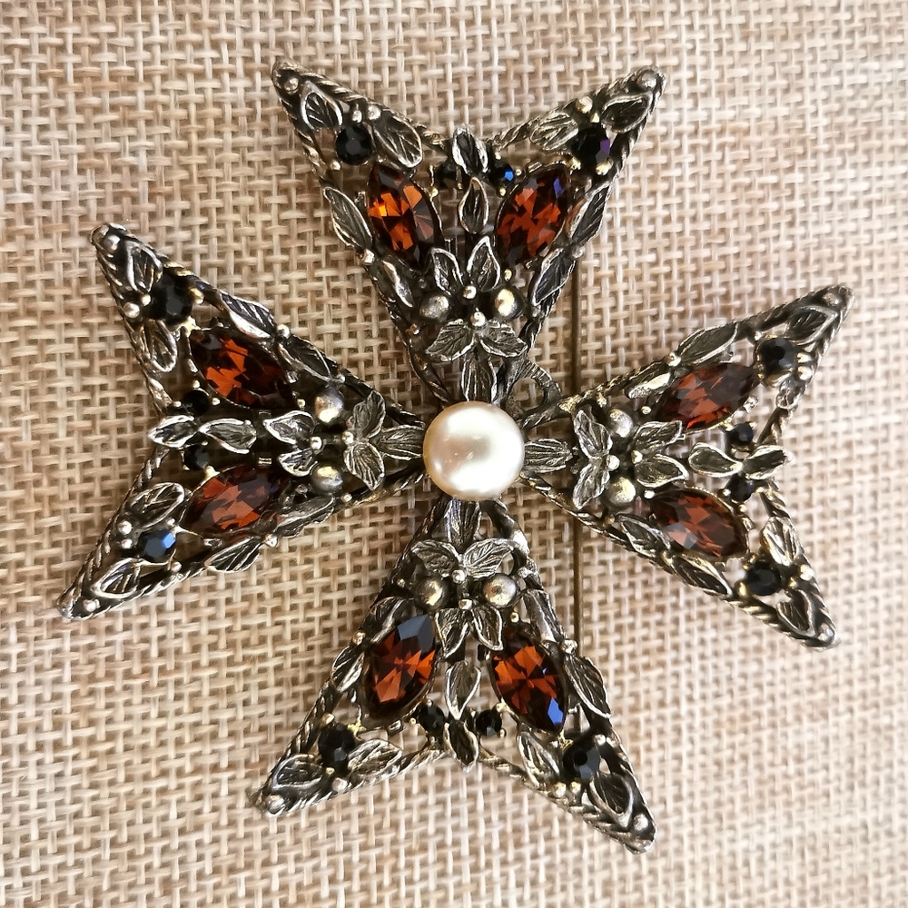 Selini Vintage Topaz Amber Filigree Maltese Cross Rhinestone Brooch Pin Signed